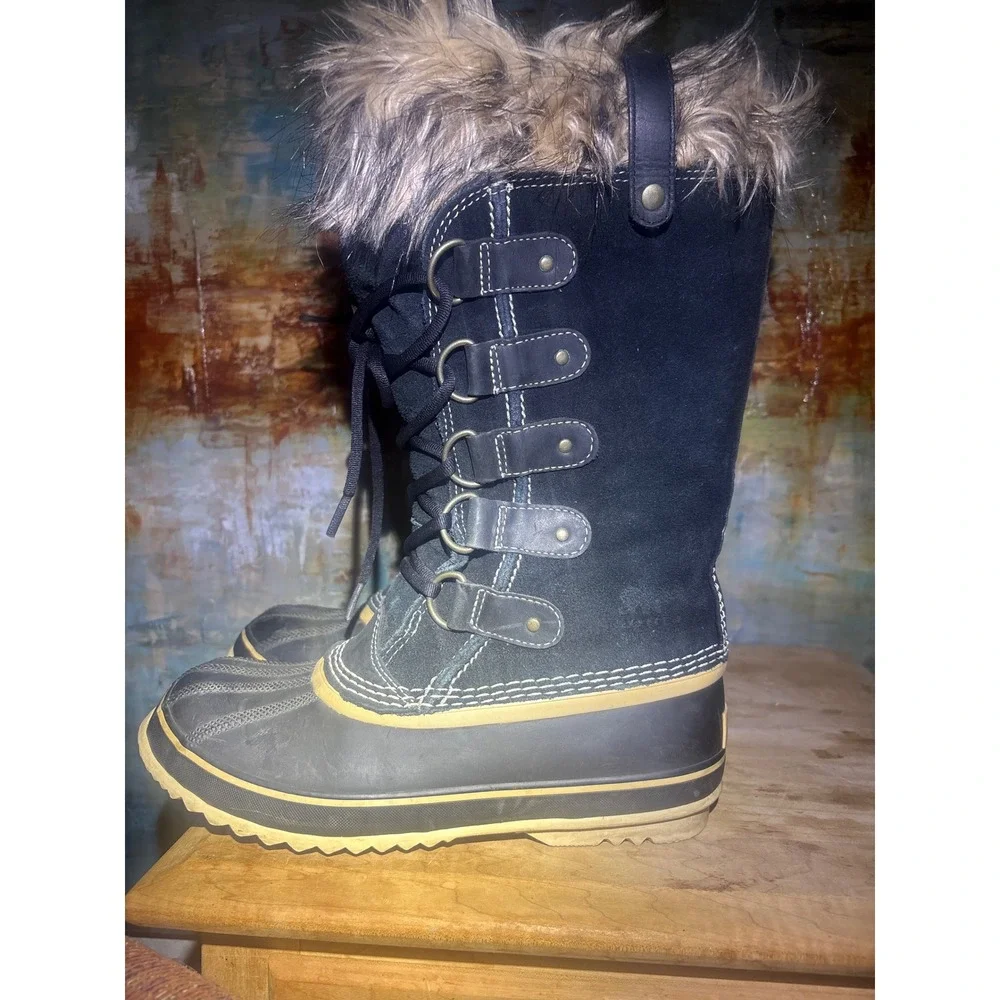 Sorel Joan of Arctic Black Suede Faux Fur Waterproof Winter Boots NL1540-010 7.5